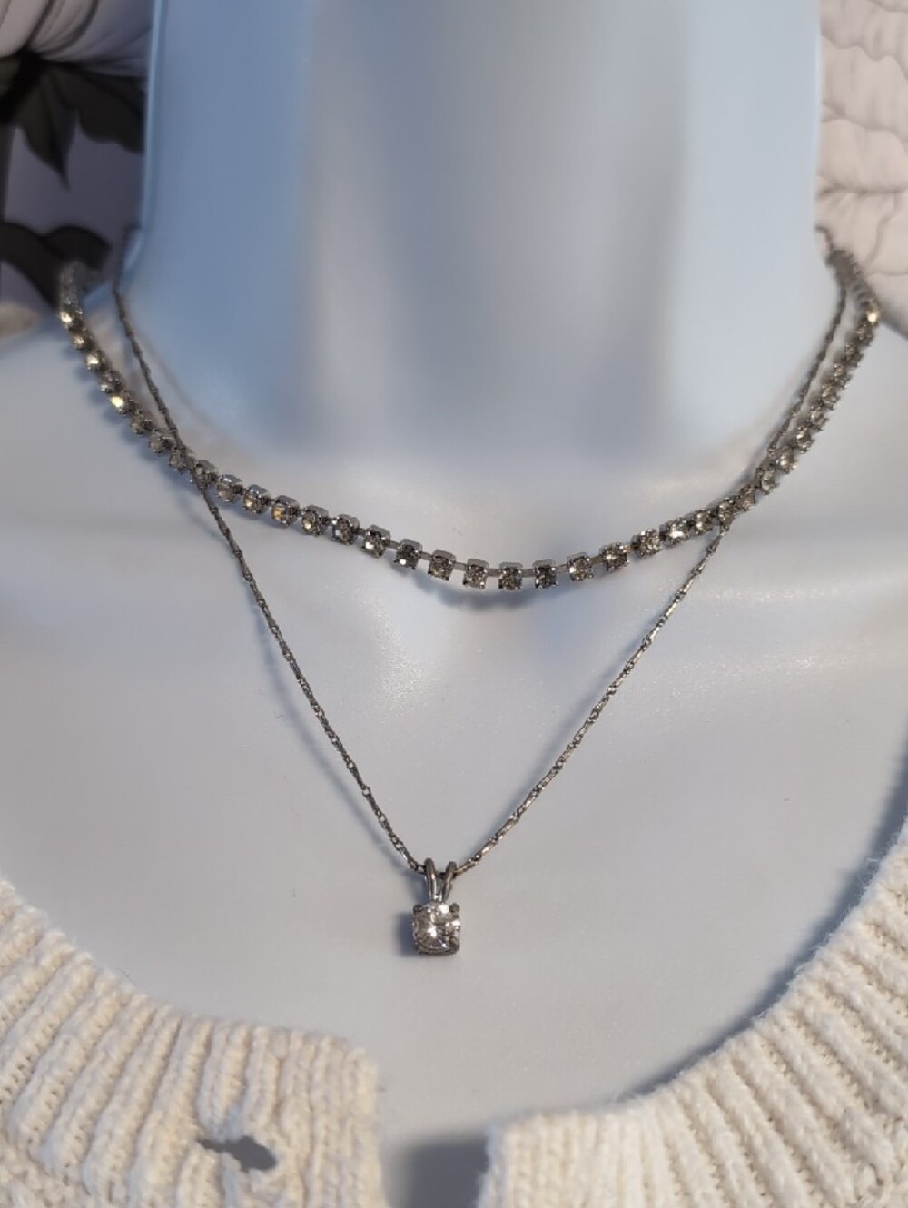 LC Solitaire Necklace & Rhinestone Choker  Layering Necklace Set
